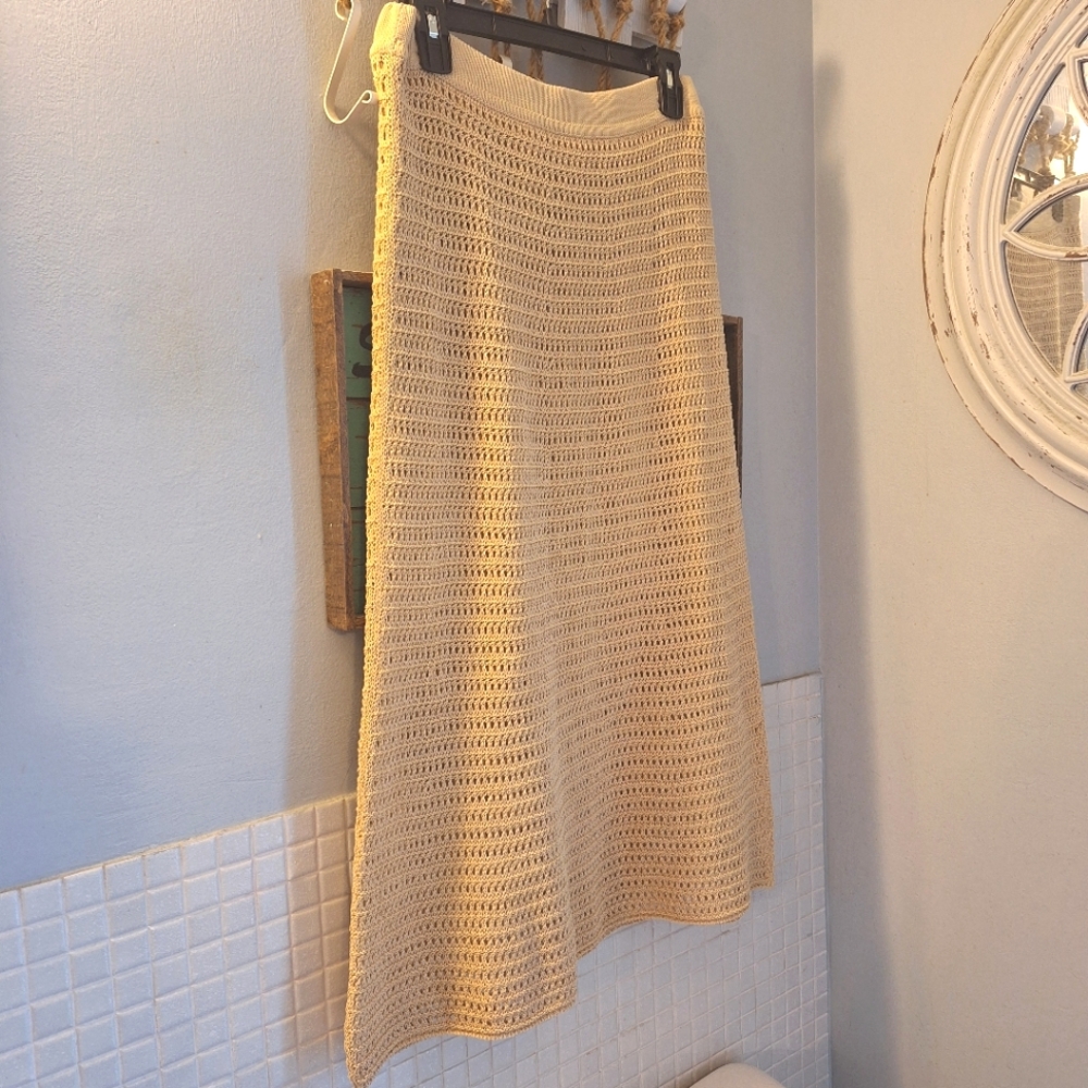 Vince Cream Crochet Knit Midi Skirt